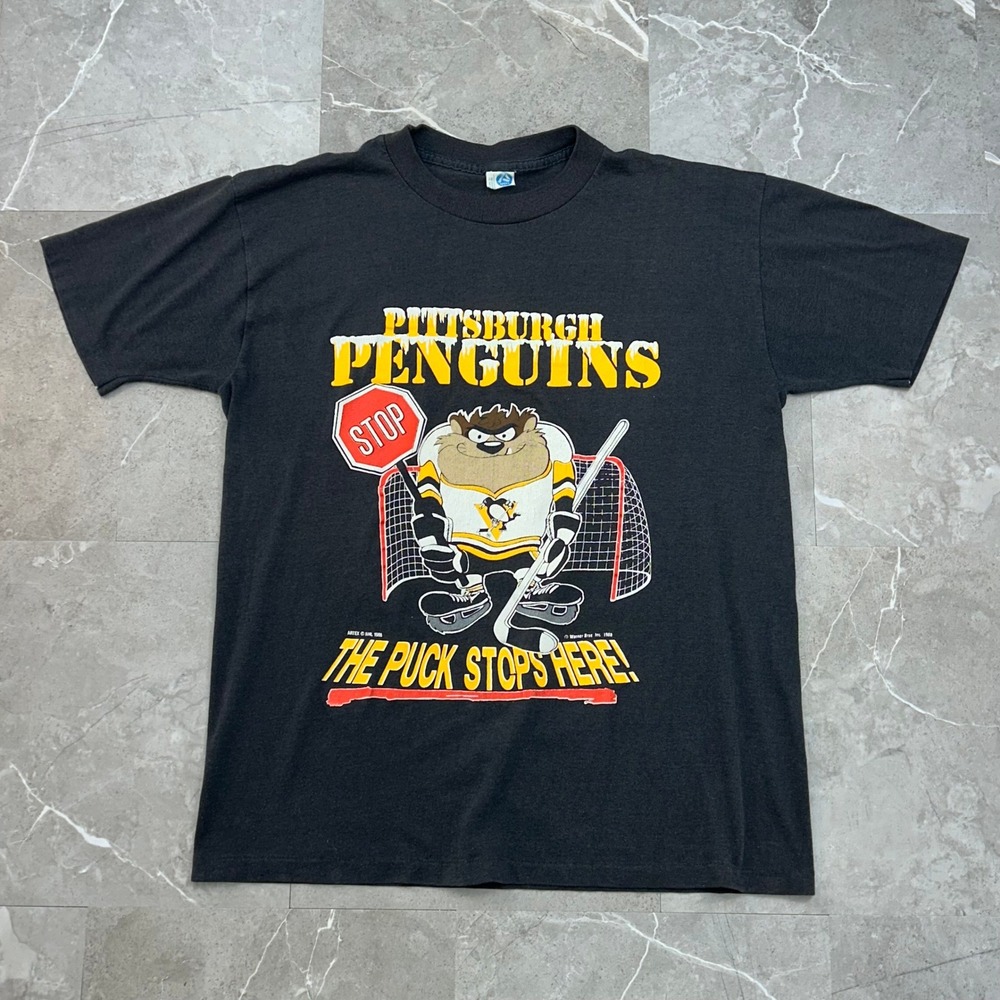 80s Vintage Pittsburgh Penguins Graphic Tee Men Medium Taz Tasmanian Devil Toons